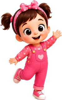 Lily, in pink dungarees with a heart pocket and a polka-dot bow