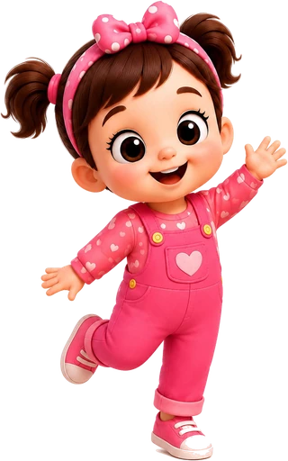 Lily, a smiling girl in pink dungarees with a polka-dot bow, waving