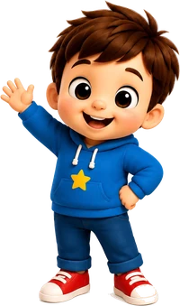 Max, in a blue hoodie with a yellow star and red sneakers