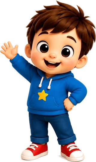 Max, a smiling boy in a blue hoodie with a yellow star, waving